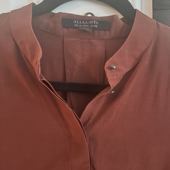 AllSaints Silk Blouse – Burgundy Minimalist Button-Front - Picture 3 of 3